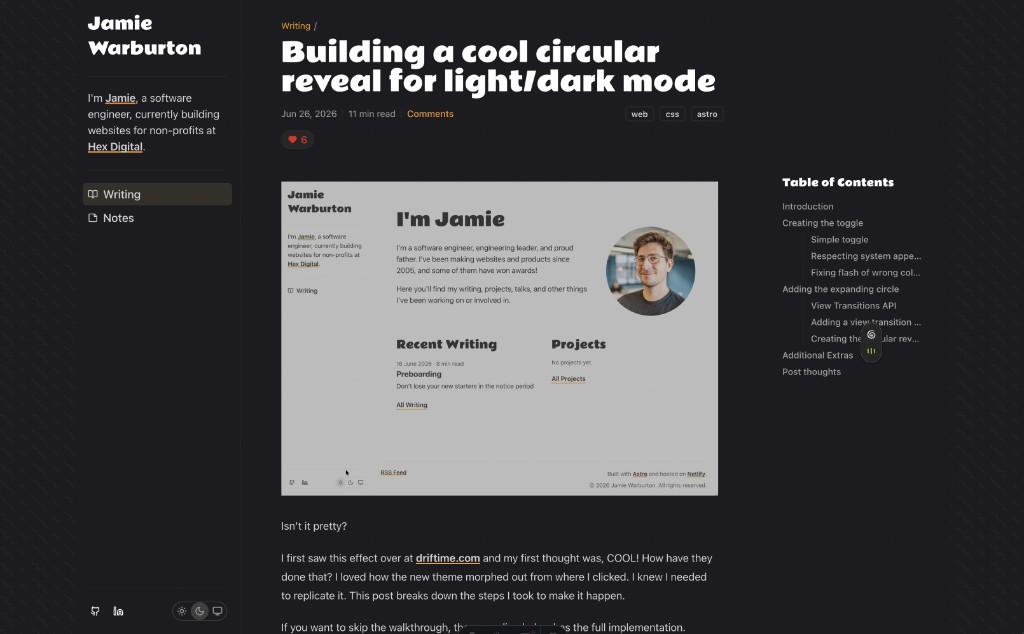 Blog post screenshot in dark mode showing the same writing layout with dark theme