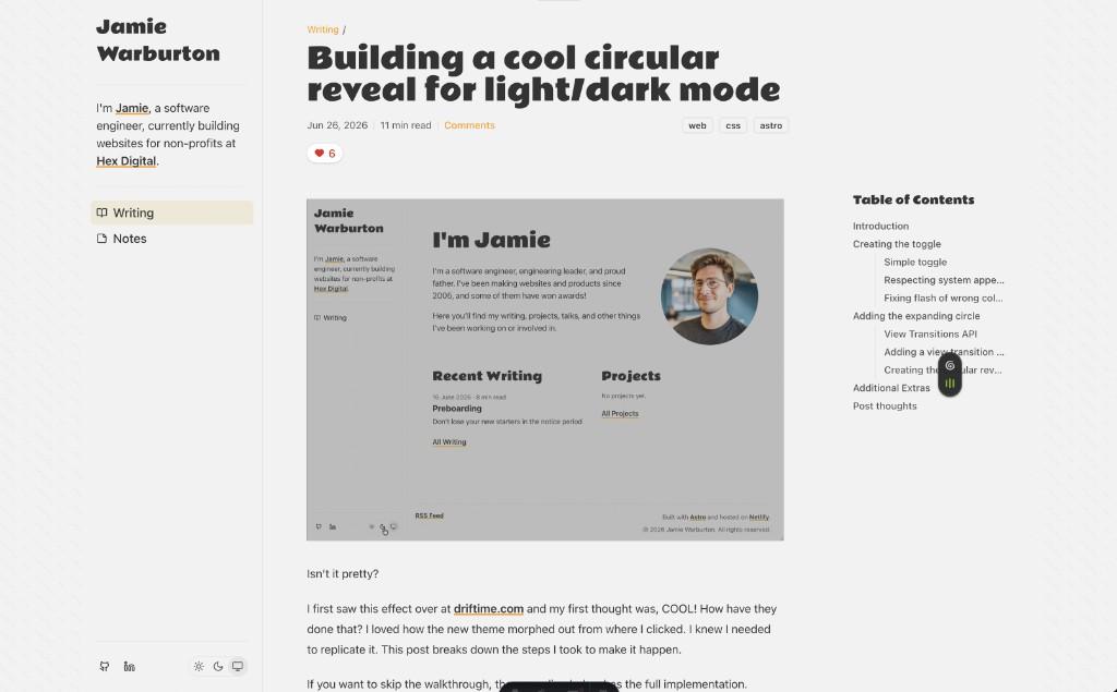 Blog post screenshot in light mode showing the writing layout, table of contents, and embedded homepage preview