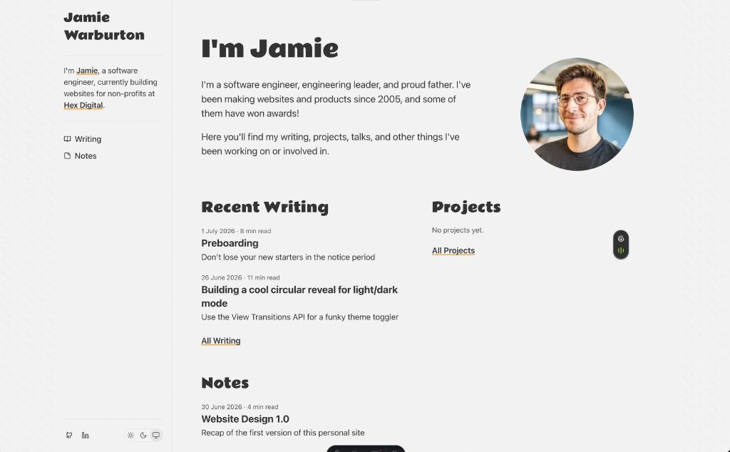 Homepage screenshot showing the sidebar layout, intro section, recent writing, projects, and notes